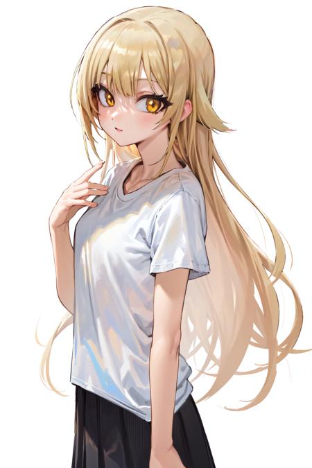 03850-3465617390-absurdres, masterpiece, highres, (white background_1.5), 1girl, blonde hair, looking at viewer  , blue t-shirt, black skirt, yel.png